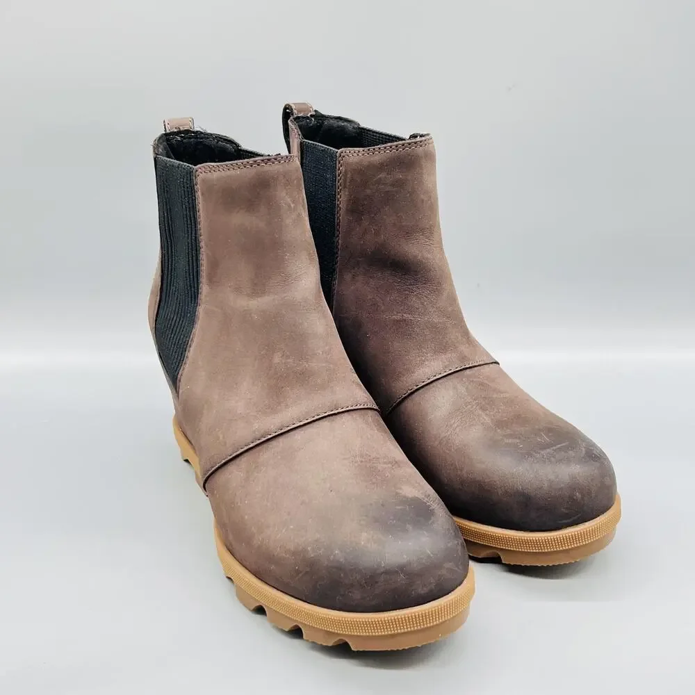 Sorel Boots Womens 8 Brown Nubuck Chelsea Ankle Wedge Pull On Lug Sole Shoes